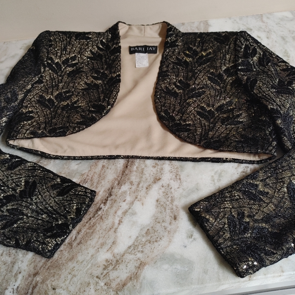 Bari Jay Black Lace with Gold Lame Underlay Evening Dress & Bolero sz 4/6 - Picture 11 of 15